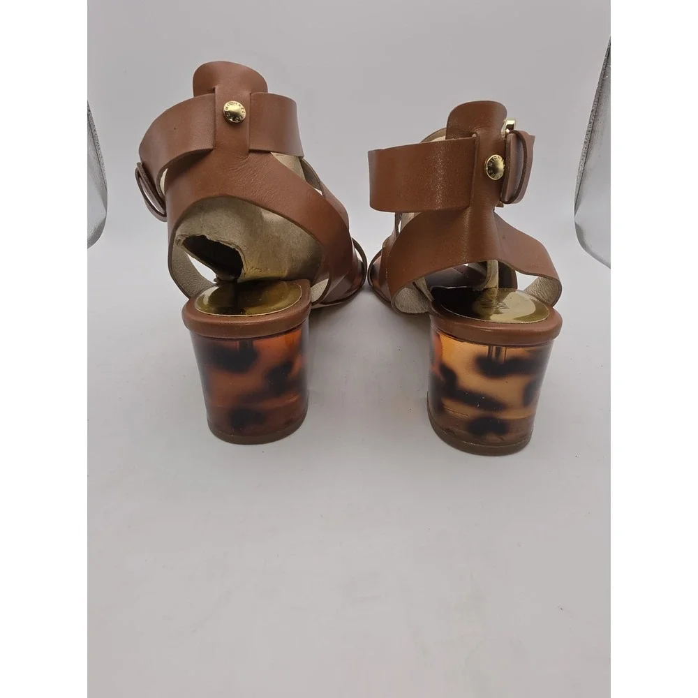 MICHAEL Michael Kors Maribella Luggage Brown Leather Sandals Tortoise Heel Sz 10